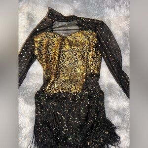 A Wish Come True Sequin Glitter Fringe Black & Gold Woman’s Dance Costume - EUC